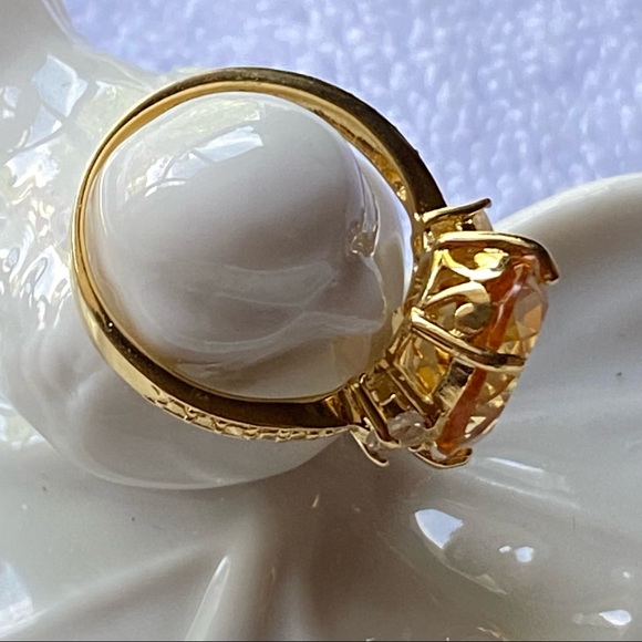 Large Real Citrine Faceted Oval & Topaz Ring Gold over 925 Silver Vermeil Size 7 - Picture 10 of 14